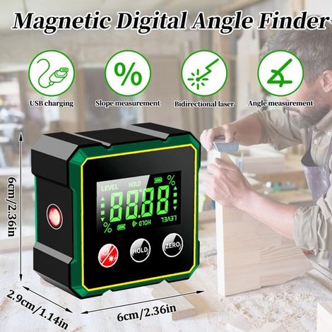 Inclinomètre numérique avec laser – Base magnétique forte – Écran LCD rétro-éclairé – Résistant à la poussière et à l'eau IP54 – Rechargeable USB