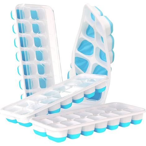 Bac à glaçons en silicone avec couvercle - Lot de 4, 56 glaçons, certifié LFGB, sans BPA, démoulage facile, empilable, réutilisable (1/5)