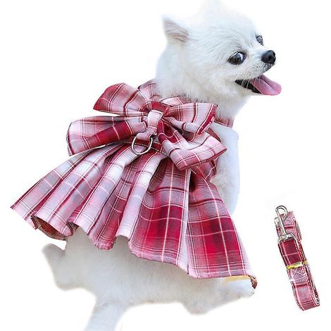 Jupe à carreaux Pet Jk avec sangle de poitrine et corde de traction pour promener chien et chat (carreaux rouge vin) - L (1/5)