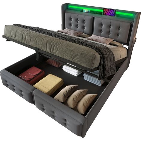 Cama doble tapizada en gris de 160 x 200 cm con cabecero LED y carga USB tipo C. Capacidad de carga: 300 kg. Ideal para adolescentes y adultos (colchón incluido). (1/5)