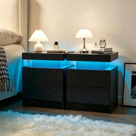 Table de chevet LED (lot de 2) – Table de nuit moderne pour chambre à coucher avec éclairage et deux tiroirs (noir et doré) (1/4)