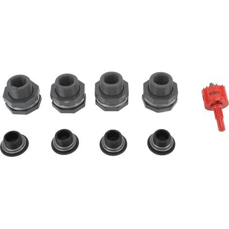 Kit de raccords pour traversée de cloison de récupérateur d'eau de pluie 3/4 pouce avec bouchons, scie cloche et connecteurs à robinet en PVC pour récupérateurs d'eau de pluie, réservoirs d'eau, pisci (1/5)