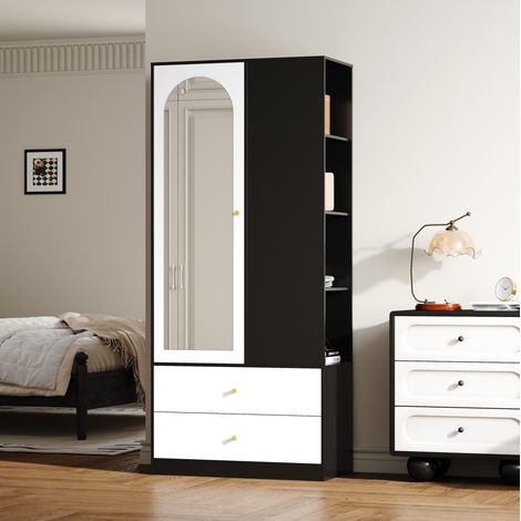 Armadio con specchio 1 anta, 2 cassetti, 4 ripiani, 80x40x180 cm (1/5)