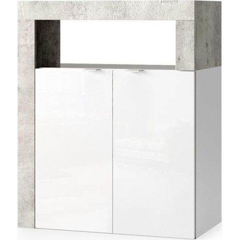 Mobile da bagno BURA – 2 porte, 2 scaffali – Bianco lucido laccato e grigio effetto cemento (1/2)