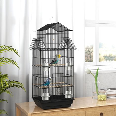 Vogelkäfig aus Stahl mit Futtertrögen, Sitzstangen, Schaukel und herausnehmbarer Schale, 50,5 x 41 x 104 cm, Schwarz
