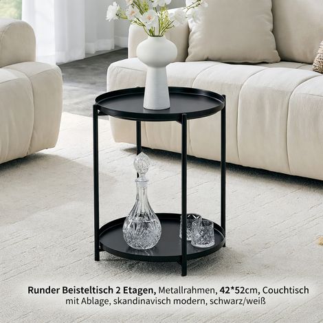 Table d'appoint ronde, à deux niveaux, structure métallique, 42 × 52 cm, table basse avec espace de rangement, noir (1/5)