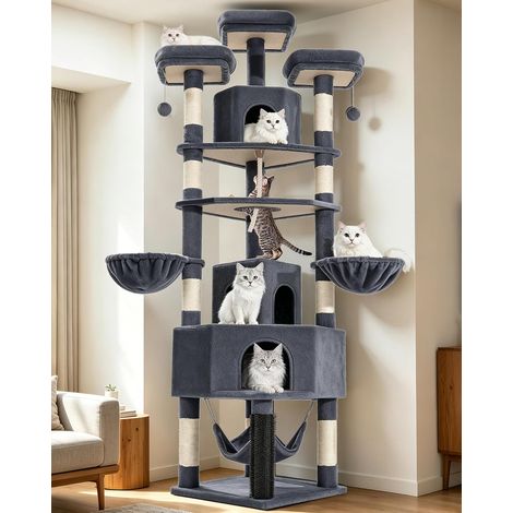 Arbre à Chat, 220 cm Grand Tour de Jeux pour Chat, avec Grande Grotte, 3 Perchoirs, 8 Griffoirs, Hamac, Panier, Poteau de Toilettage, Corde Épaisse en Sisal, Gris Foncé