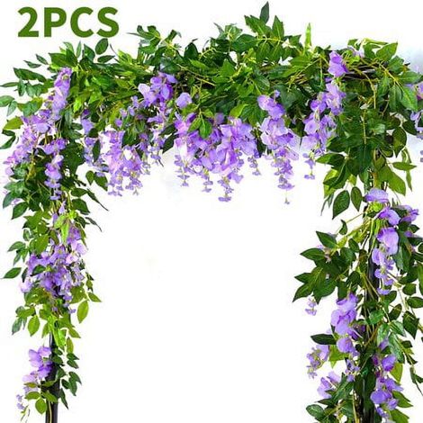 Guirlande Artificielle Glycine - 2 m - Fleurs en Soie Fausse - Feuilles en Plastique Vert - Décoration Murale Extérieure Intérieure - 2 Pièces (1/5)