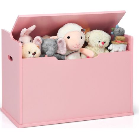 Coffre à jouets enfant rose en bois avec coussin et couvercle à fermeture douce, poignées, pour chambre, entrée et salle de jeux (1/5)