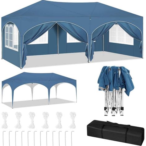 Pérgola de jardín 3x6 m azul con 6 paredes laterales, estructura metálica, lona repelente al agua (1/5)