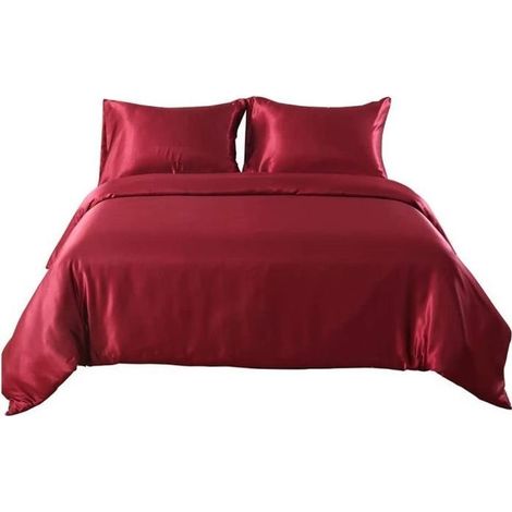 Parure de drap en Soie Satinée -Parure de lit 4 Pcs = 2 Taies d'oreiller, 1 Drap-Housse, 1 Housse de Couette -220x240cm-rouge vin (1/3)