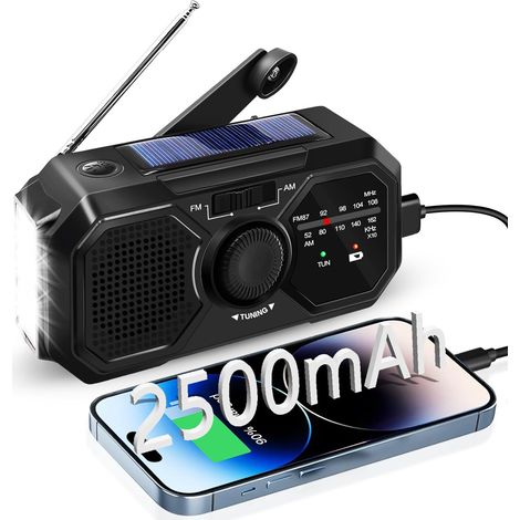 Tragbares Radio, AM/FM-Handkurbel-Solarradio, tragbares batteriebetriebenes Radio mit 2500-mAh-Powerbank/SOS-Alarm/Taschenlampe/3-W-Lautsprechern, für den Außenbereich, Notfall (1/5)
