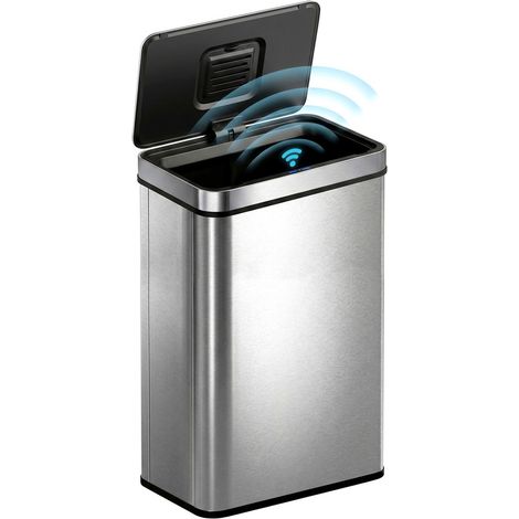 Poubelle à capteur de 60 L avec couvercle à fermeture douce, en acier inoxydable anti-traces de doigts, couleur argentée