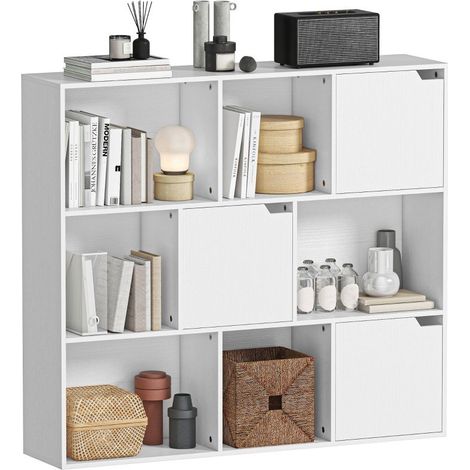 Étagère de rangement blanche 9 cubes avec 3 portes et 6 compartiments ouverts, dimensions 106 x 24 x 95 cm. (1/5)