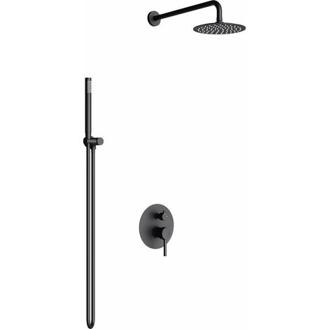 doporro Sistema de ducha empotrado Set de ducha en negro mate, 150cm y cabezal de ducha tipo de lluvia redondo con ahorro de agua y grifo (1/5)