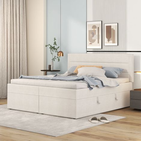 Bett minimalistisch 140x200 cm beige, Massivholz und MDF, Kopfteil in Leinenoptik, beidseitig klappbarer Lattenrost mit Bettkasten (1/5)