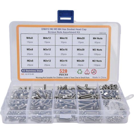Assortiment de 520 vis et écrous hexagonaux en acier inoxydable 304, M2, M3, M4, avec boîte de rangement