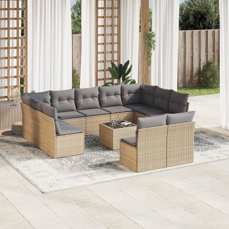 Ensemble de jardin 12 places en résine tressée beige avec table en verre, coussins gris lavables et rangements intégrés (1/3)