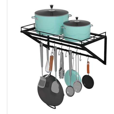 Toque Wall Mounted Pot Pan Rack Multipurpose Utensil Rail Holder Shelf 12 Hooks