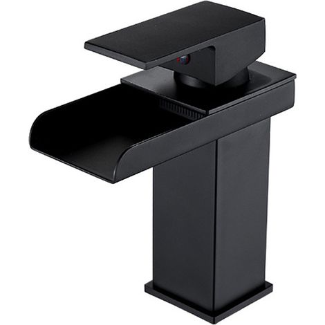 Sollbry Grifo de baño moderno de latón negro, mezclador de lavabo en cascada, grifo de lavabo con caño de 200 mm de altura, agua fría y caliente disponible. (1/5)
