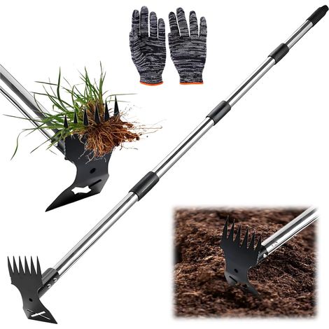 1 - Désherbeur - Râteau - Outil 2 en 1 - Manche Réglable - Acier Allié - Pour Jardinage et Plantation - Noir - 160 cm
