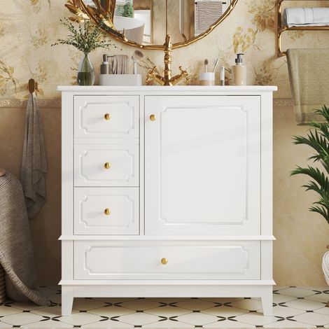 Meuble vasque salle bain 76,5x47x87,5 cm blanc, vasque céramique, poignées dorées, antibactérien, trop-plein et rangements (1/5)