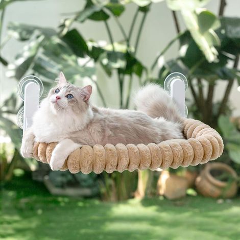 Hamac Chat Fenetre Pliable Panier Perchoir Suspendu Lit pour Petite et Grande Chats Ventouse Support Transat Etagere Coussin Chaise Interieur Tapis Réversible 54  30cm (Chameau Clair, M) (1/5)