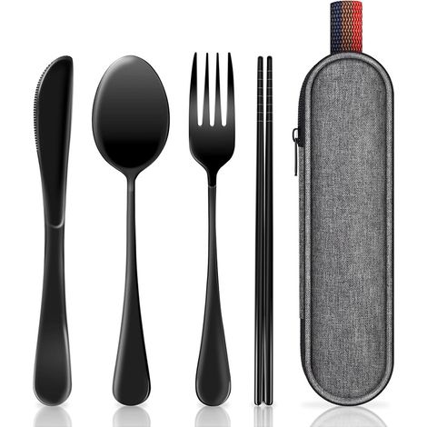 Ensemble de couverts de voyage réutilisables 4 en 1 en acier inoxydable avec pochette – Portable – Lavable au lave-vaisselle – Idéal pour le déjeuner, le camping, les pique-niques et les voyages (1/4)