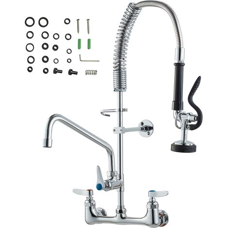 Robinet de cuisine mural en laiton, hauteur 63,5 cm, centre 20,3 cm, bec orientable 30,5 cm, avec douchette pré-rinçage et pulvérisateur extractible. (1/5)