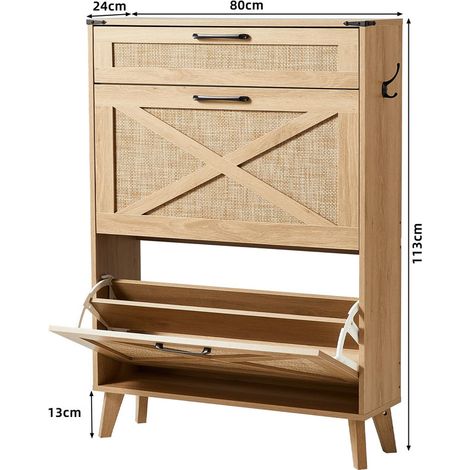 Boho Narrow Shoe Storage Cabinet with 2 Rattan Flip Drawers, Hidden Slim Shoe Rack with Wood Legs for Entryway Hallway, Stores 16-20 Pairs Shoes