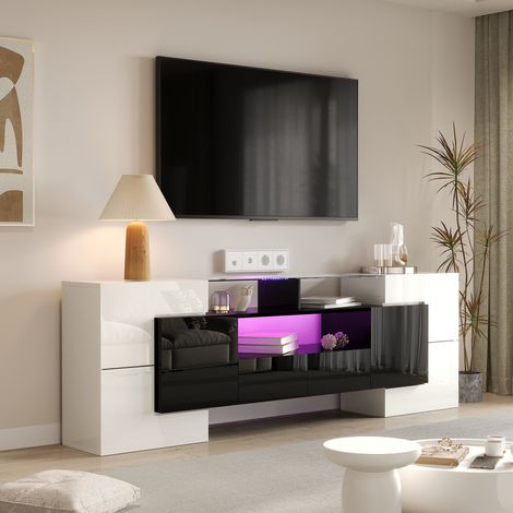 Meuble TV 200 cm – noir + blanc laqué, LED APP, 6 portes + 2 tiroirs (1/5)