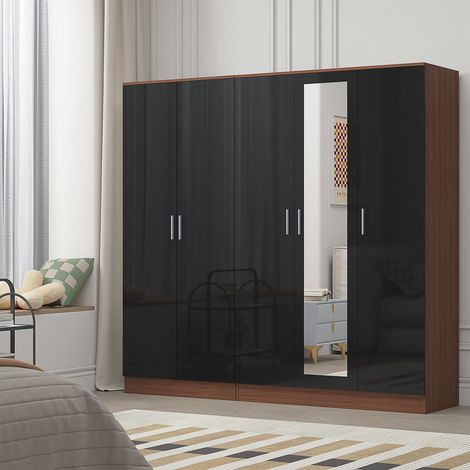 Reflect 2pc Wardrobe Bundle - 3 Door Mirror + 2 Door Plain - Black Gloss & Walnut