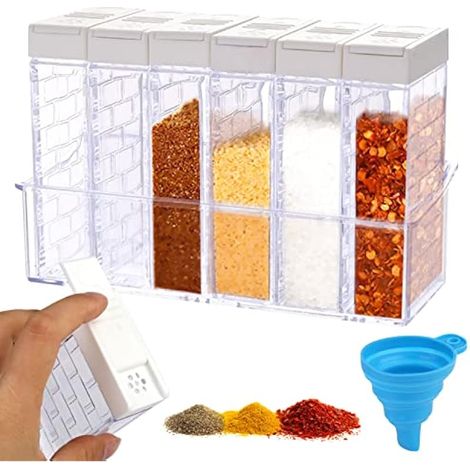 Boîtes Dassaisonnement Transparent,6 Boîte d'assaisonnement Transparente,Pots à Epices en Plastique avec Plateau,pour Rangement de Condiments, sel, Sucre et Poivre (1/5)