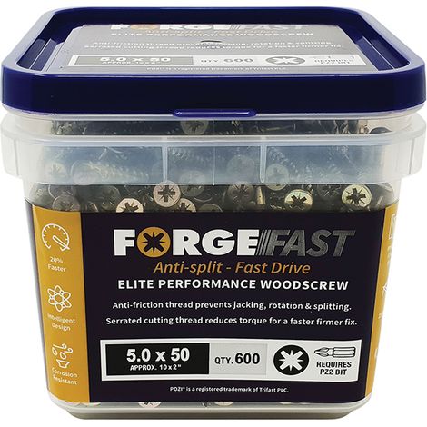 ForgeFix FFP550YT ForgeFast Pozi Compatible Elite Performance Wood Screw ZY 5.0 x 50mm Tub 600 FORFFP550YT