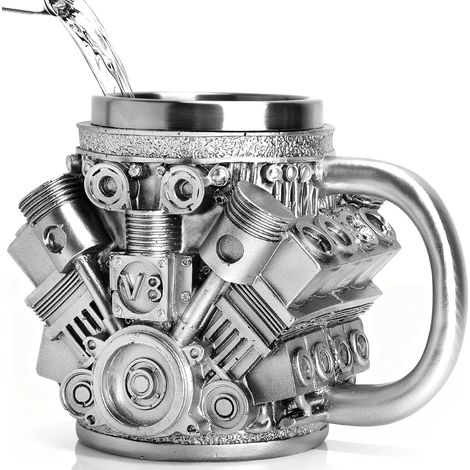 Gobelet à Café Mécanique en Acier Inoxydable V8 Creative 3D Car Moteur Design Eau Masse Gobelet de Café Mécanique Tasse à Eau Isotherme à Double Paroi avec Poignée pour Amateurs de Voiture 250ml (1/5)