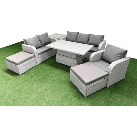 Fimous Patio PE Wicker 8 Seater Outdoor Rattan Furniture Sofa Sets with Adjustable Lifting Dining or Coffee Table Reclining Chair Loveseat Sofa 3 Seater Sofa 2 Big Footstools Side Table Light Grey (1/5)