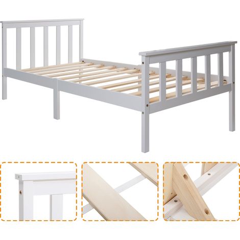 Lit 1 place en pin massif avec sommier à lattes intégré et tête de lit - 90x200 cm, blanc, chambre enfant ou ado, structure bois naturelle (1/5)