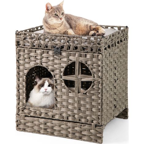 COSTWAY Foldable 2-tier Rattan Cat Litter Box Enclosure w/ Litter Mat-Gray (1/5)