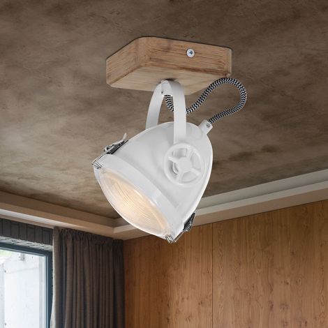 Deckenleuchte Strahler schwenkbar Deckenlampe Holz Spot Strahler 1-Flammig weiß, Eiche Metall, LED 7W 480Lm warmweiß, LxBxH 11x11x18 cm