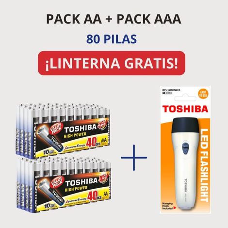PROMO PACK AA + AAA ALCALINA TOSHIBA 80 PILAS - LINTERNA BLANCA DE REGALO