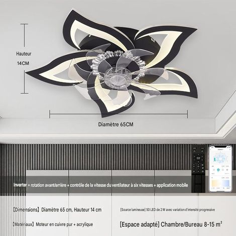 Ventilateur de plafond avec éclairage LED moderne, plafonnier silencieux 6 vitesses, application mobile et télécommande, moteur cuivre réversible, lumière tricolore, 5 pales, Noir (1/5)