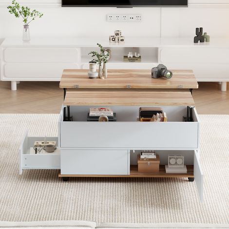 Mesa de centro elevable hidráulica con amplio almacenaje madera 100 x 98 x 65 cm color blanco y natural (1/5)
