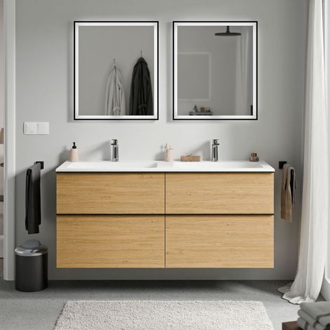 BERNSTEIN - Mobile lavabo sospeso MDF rovere miele, lavello Ghisa bianco opaco + foro rubinetto, maniglia cromata - 120x46x62cm - LAVOA	cromo, Rovere Miele Oro, Bianco opaco con foro rubinetto