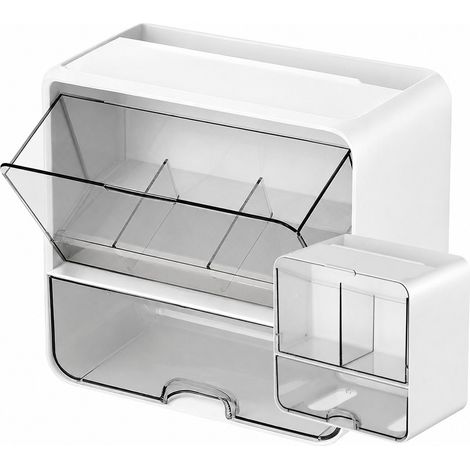 Organisateur de salle de bain avec tiroir coulissant, blanc, plastique, fixation murale, gain de place (1/5)
