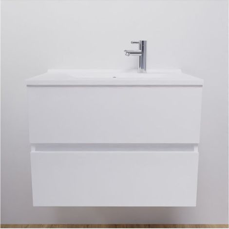 Cuisibane – Meuble double vasque suspendu 70 cm – Plan vasque en résine – 2 tiroirs à extension complète – Installation murale pour espaces réduits