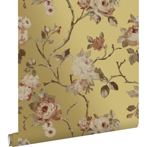 Papier peint à motif fleurs vintage or et rose terracotta – Dimensions 53cm x 10,05m – Pose facile sans table à tapisser – Écologique – Estahome