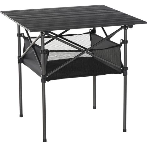 Table camping pliante avec rangement filet et sac transport 70x70x69 cm Noir