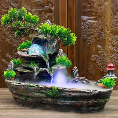 Tischbrunnen mit LED-Beleuchtung, Mini-Duftlandschaft aus Kunstharz mit rollender Kugel, Material: Kunstharz, Geschenkidee für Wohnzimmer, Büro, Schlafzimmer, Größe: ca. 42 x 28 x 18 cm, Gewicht: ca. (1/5)