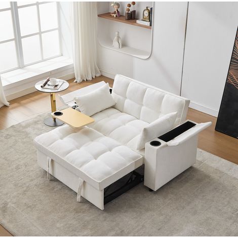 Divano letto 140,5 x 74 x 82 cm beige con USB-C, tavolino a scomparsa e schienale reclinabile (1/5)