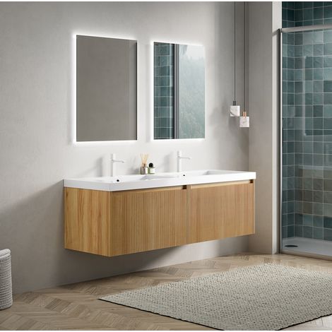 Wandwaschtisch 140 cm mit 2 rechteckigen Kunstharzbecken, 2 Schubladen, Naturholzoptik (1/5)